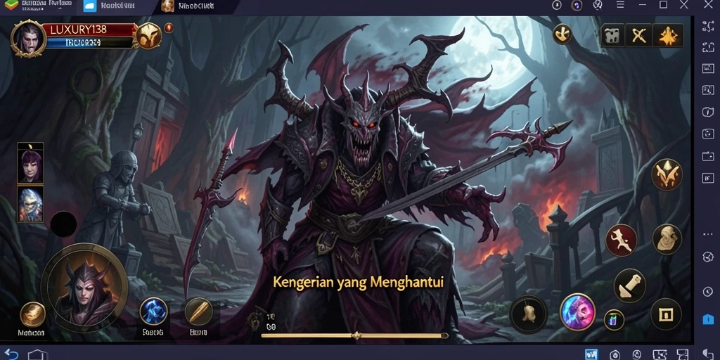 Tampilan gameplay mencekam LUXURY138 di dalam suasana gelap dan misterius.